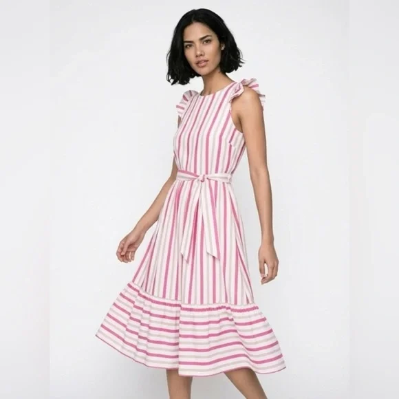 Kate Spade Pink and White Peach Sherbert Midi Dress Striped Midi Dress, Size 14 - Picture 4 of 4